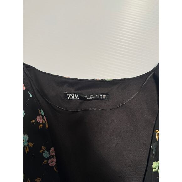 Zara Black Floral Surplice Mini Dress Women's Large Balloon Cottagecore Boho - Picture 8 of 16